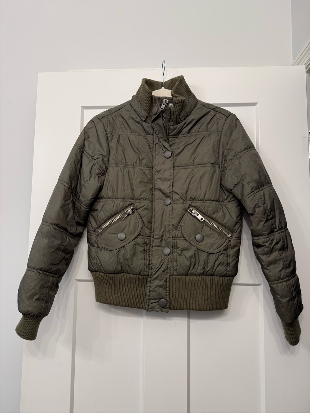 Womens Olive Green Quilted Bomber Jacket